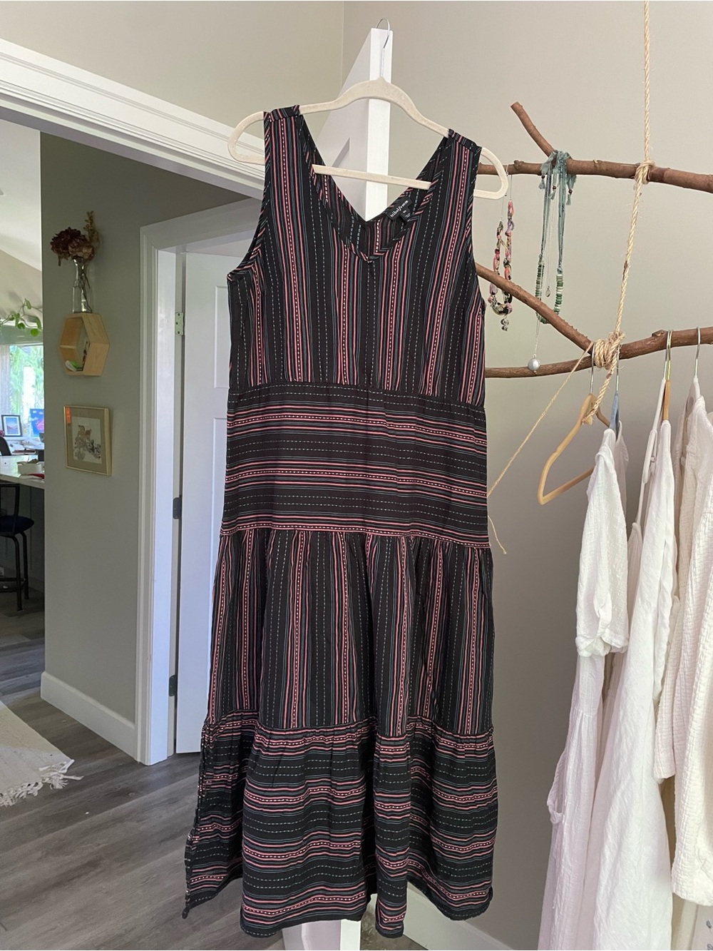 Tribal femme striped linen/cotton midi dress L